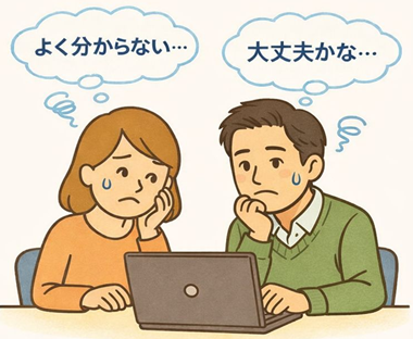京都のパソコン修理で不安を感じる利用者のイラスト