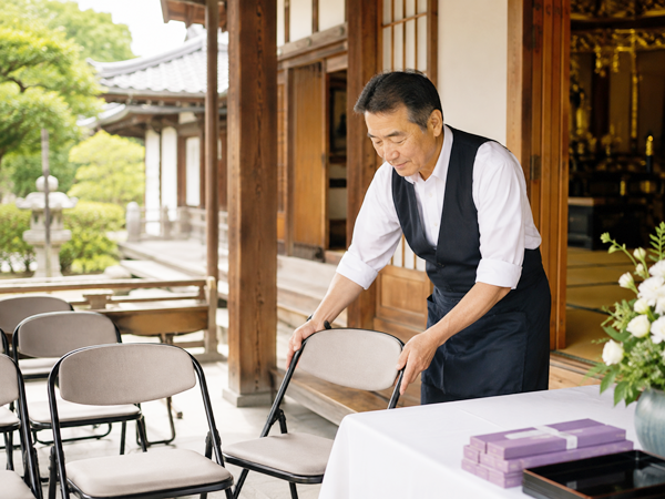 寺院の法要前に椅子や会場を準備するスタッフ